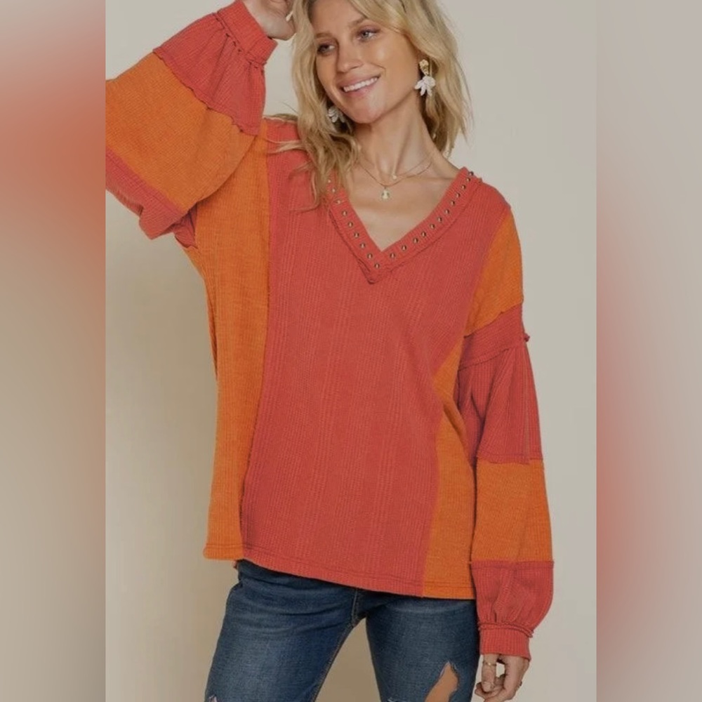 POL Raw Edge Color Block V Neck Studded Top